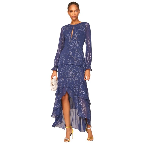 Anthropologie Dresses & Skirts - Anthropologie Hutch Molly Gown Navy Gold Sparkly Chiffon Ruffled Tiered Small 00